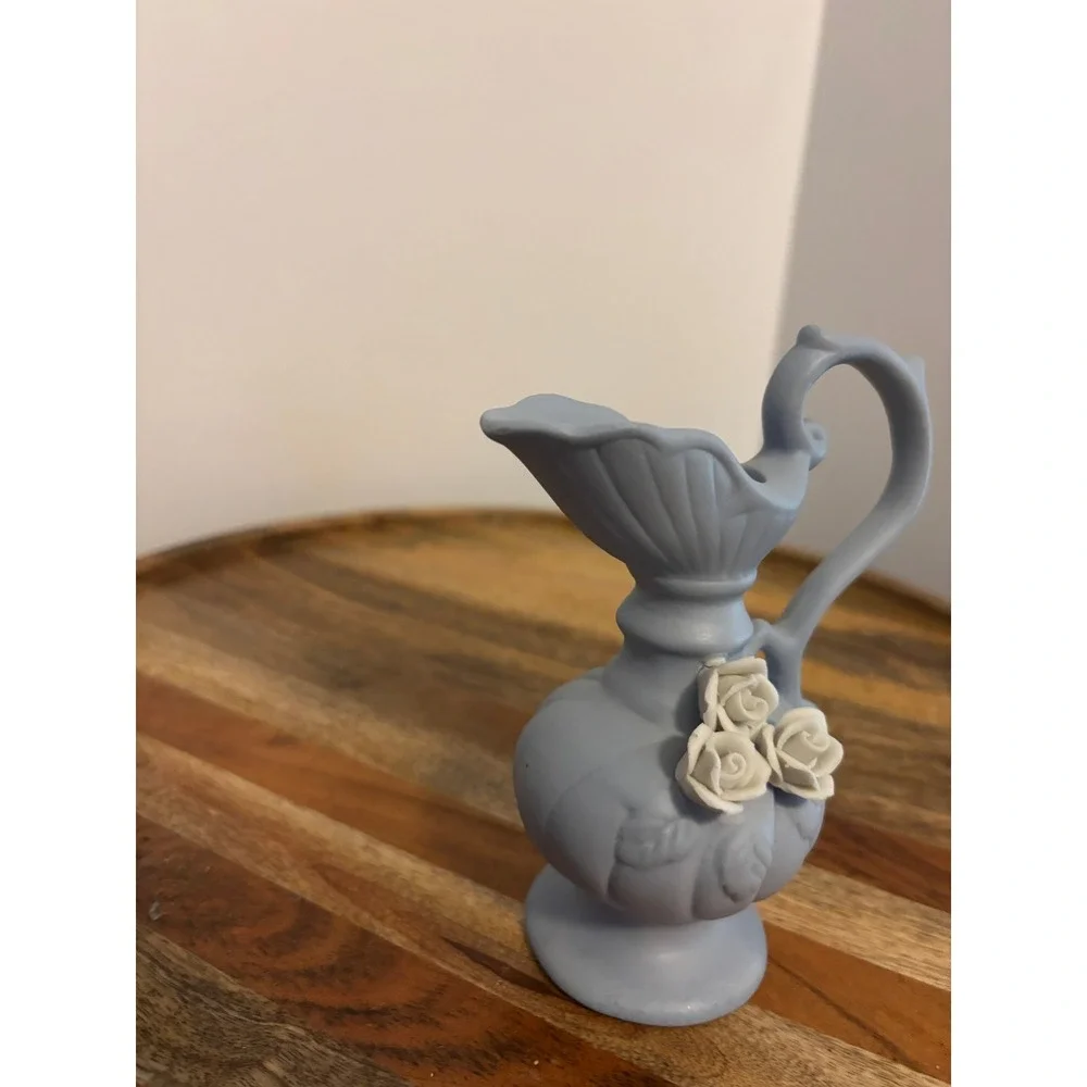 Miniature Blue Porcelain Pitcher Ewer with White Applied Roses 4 Inch Decorative